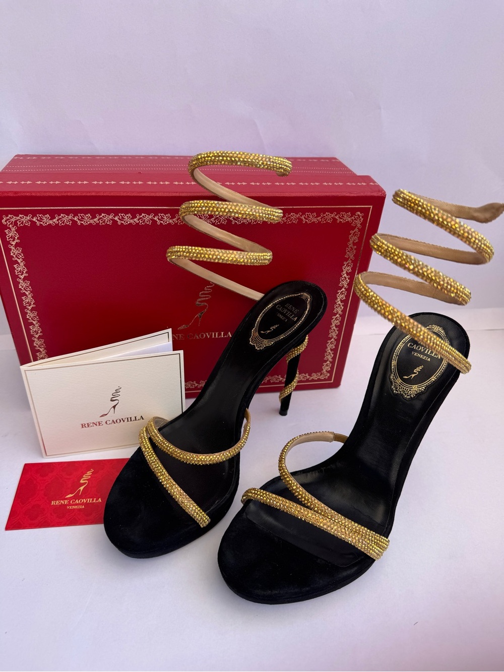 René Caovilla Margot Crystal Snake Wrap Heels Gold Satin Size 39 | Box & Bag